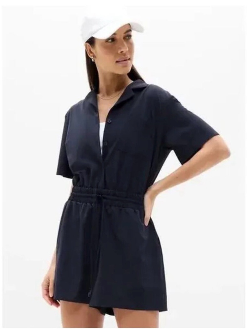 Athleta Avenue Romper Featherweight Stretch Navy Blue Pockets Small‎ Tall